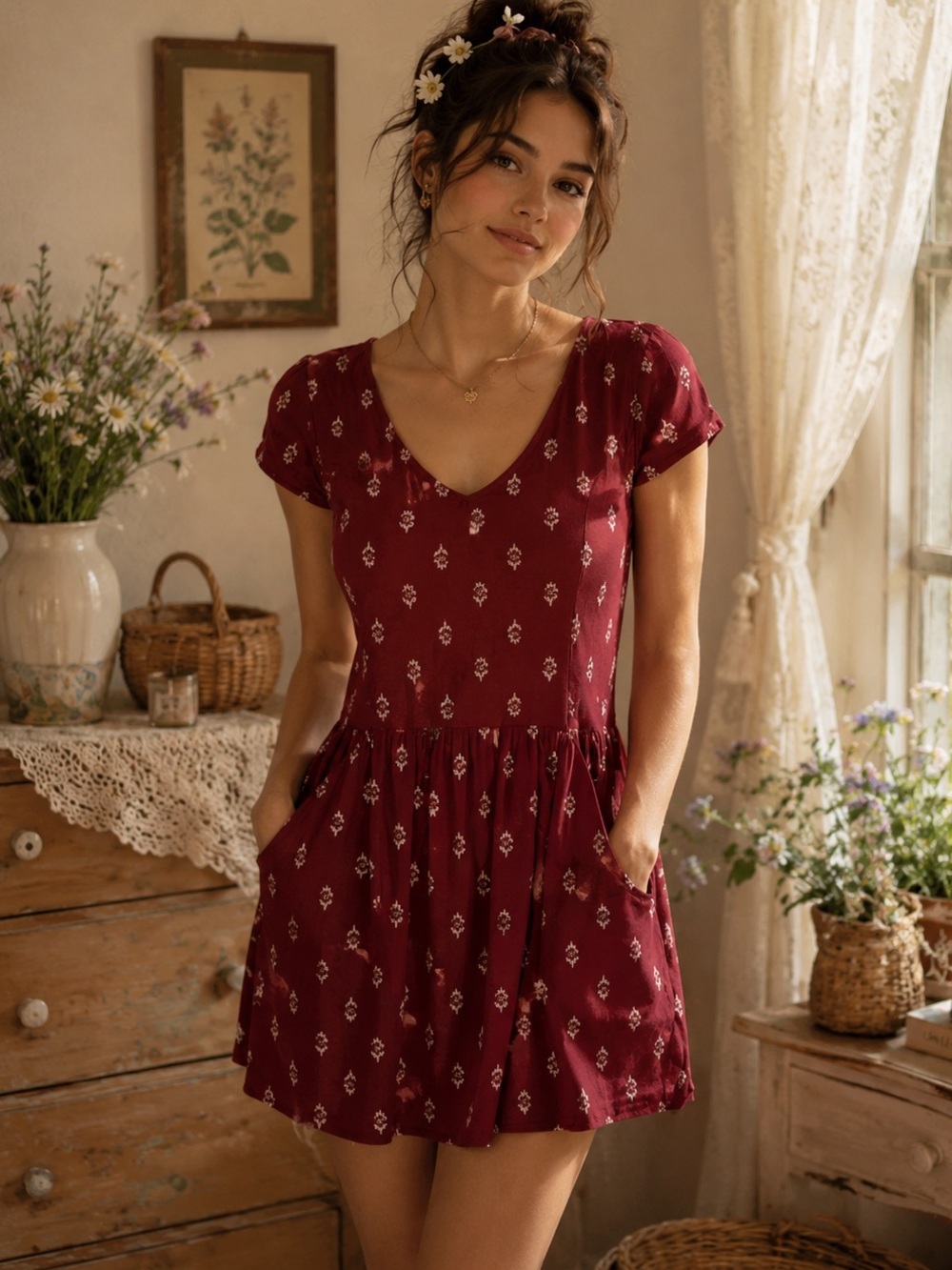 Garnet Hill Maroon Floral Boho Cottagecore Day Mini Dress Size 2